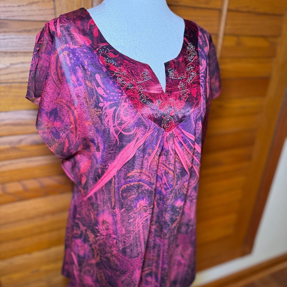 Apt 9 Womens Pink Purple Paisley V-Neck Beaded Short Sleeve Knit Top Size M